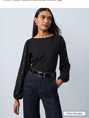 Ann Taylor Black Long-Sleeve Top with Pearl Sleeve Accents